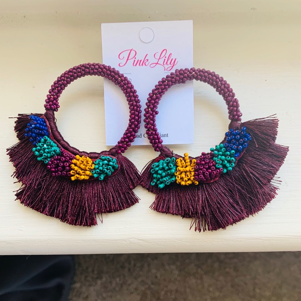Plum Pink Lily Tassel/Bead Earrings (new)